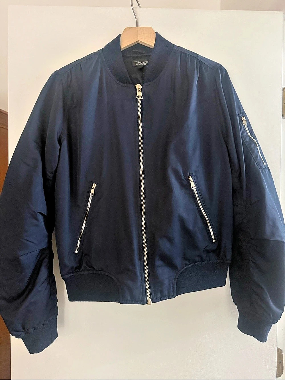 TOPSHOP Nylon Bomber Jacket in Navy, Blue, Size 6